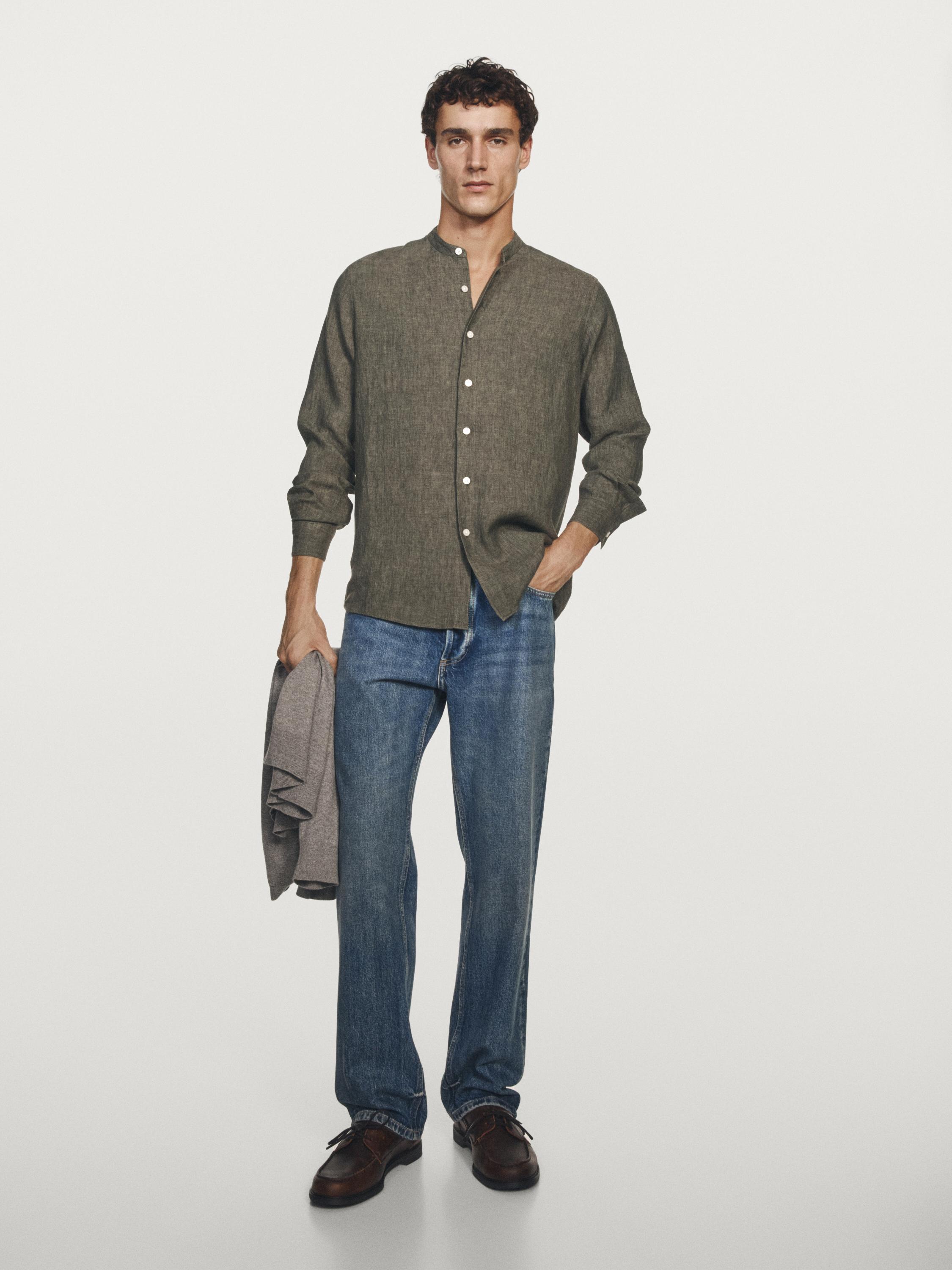 100% linen stand collar shirt